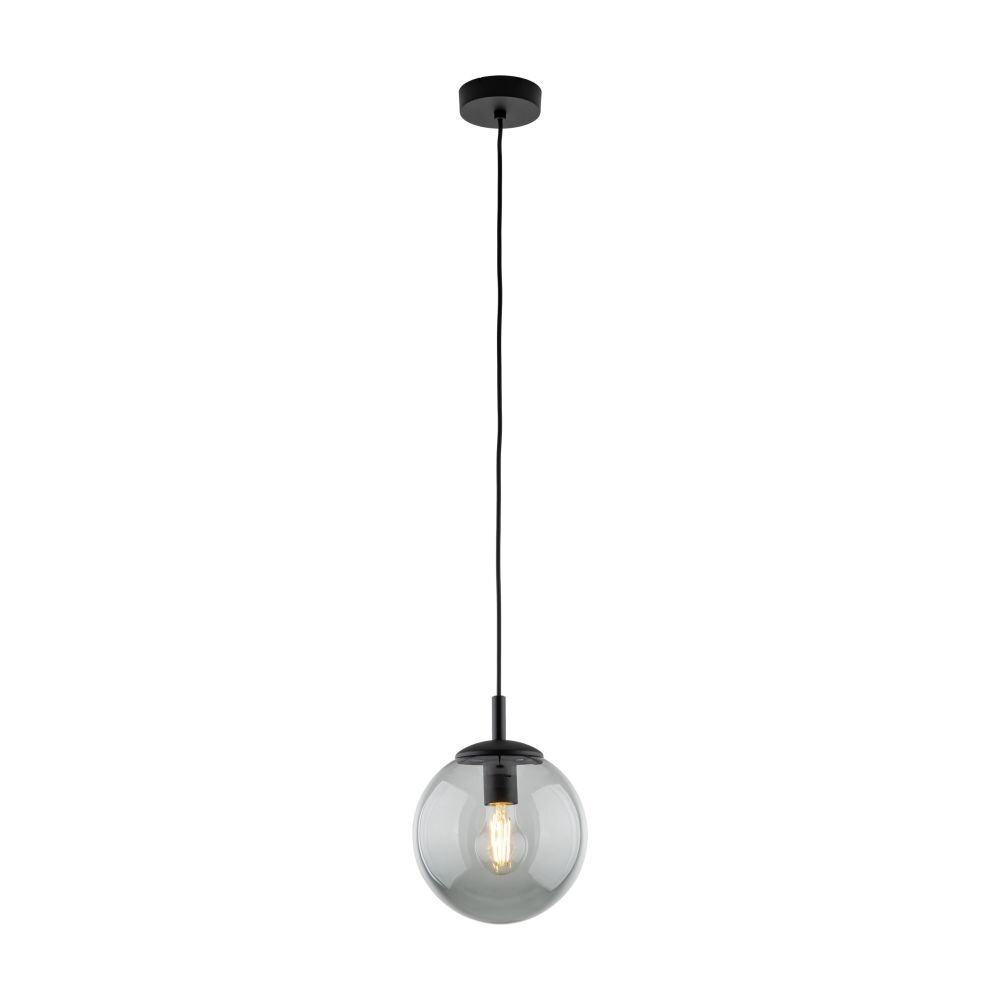 Na obrazie widoczna jest lampa wisząca z przezroczystym, kulistym kloszem i czarnym przewodem. Wewnątrz klosza znajduje się żarówka.
