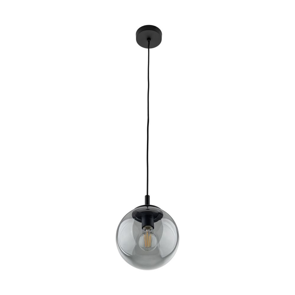 Wisząca lampa z przezroczystym, kulistym kloszem i widoczną żarówką wewnątrz. Lampa zawieszona jest na cienkim, czarnym przewodzie z okrągłą podsufitką.