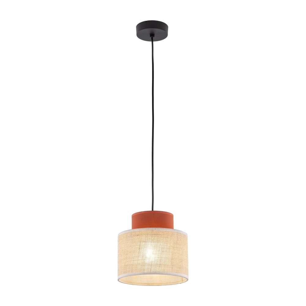 Lampa wisząca z czarnym przewodem i okrągłym, beżowym kloszem z materiału przypominającego jutę. Górna część klosza jest w kolorze brązowym.