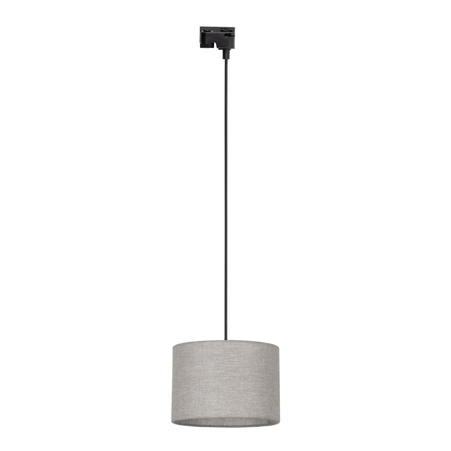 Lampa wisząca z czarnym przewodem i beżowym, lnianym abażurem w kształcie walca. Element mocujący jest czarny i prostokątny.