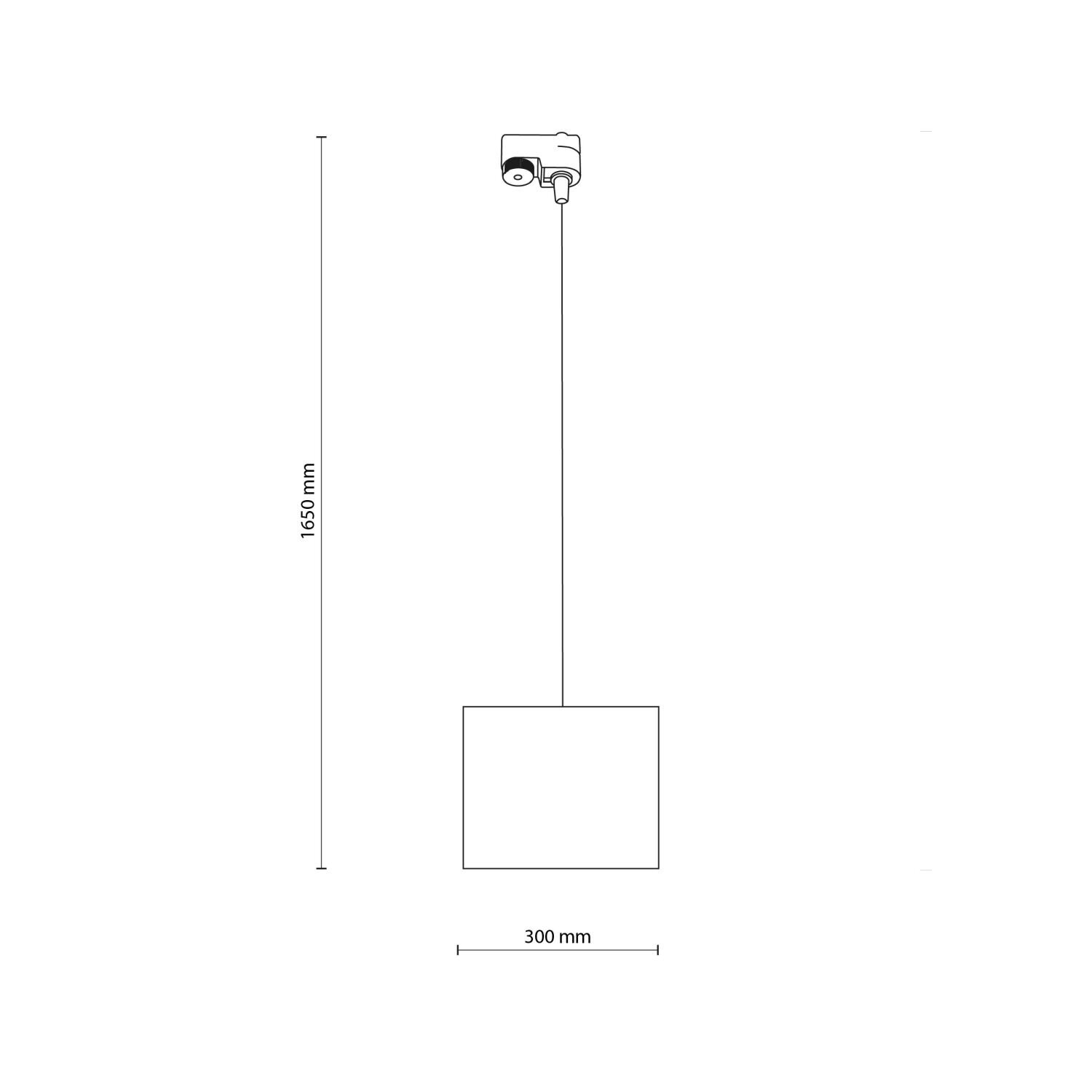 Schematyczny rysunek lampy wiszącej z wymiarami: wysokość 1650 mm i szerokość 300 mm. Lampa ma prostokątny abażur i jest zawieszona na przewodzie.