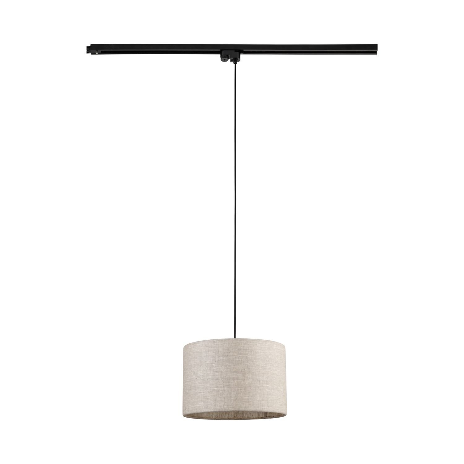 Lampa wisząca z czarną szyną i beżowym, lnianym abażurem. Kabel jest czarny i prosty, a całość ma minimalistyczny design.