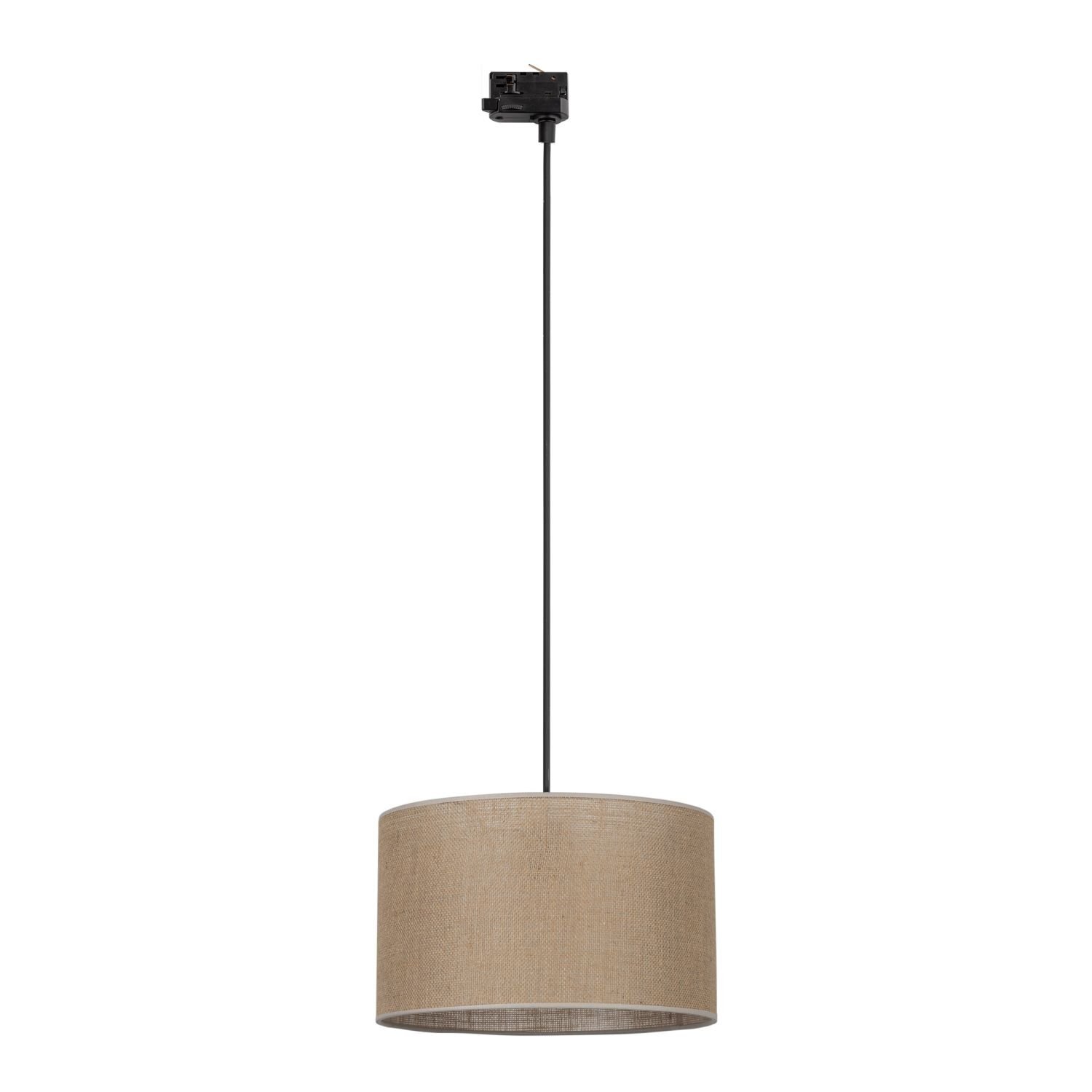 Lampa wisząca z beżowym abażurem i czarnym przewodem, zamocowana na czarnej szynie. Abażur ma cylindryczny kształt i jednolitą teksturę.