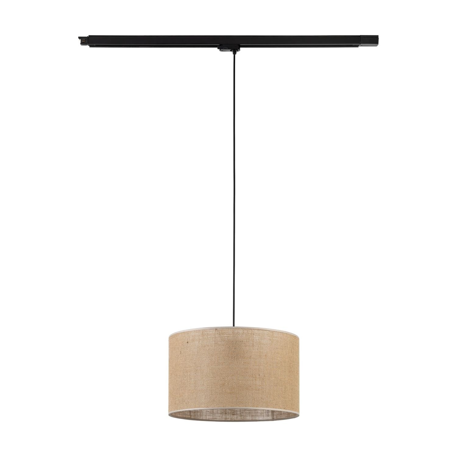 Lampa wisząca z beżowym abażurem zawieszona na czarnym przewodzie, zamocowana do czarnej szyny sufitowej. Abażur ma cylindryczny kształt i teksturę przypominającą jutę.