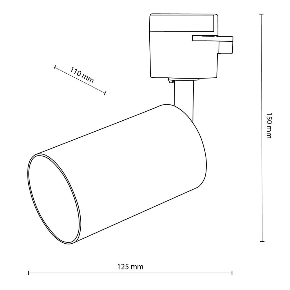 Schematyczny rysunek reflektora szynowego z wymiarami: 110 mm długości lampy i 150 mm wysokości całkowitej. Długość podstawy reflektora wynosi 125 mm.