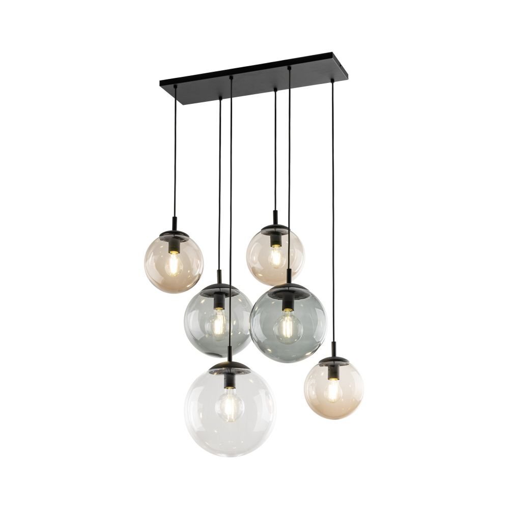 Lampa wisząca z sześcioma kulistymi kloszami w różnych kolorach, zawieszona na czarnym prostokątnym panelu. Każdy klosz zawiera żarówkę, a całość ma nowoczesny design.