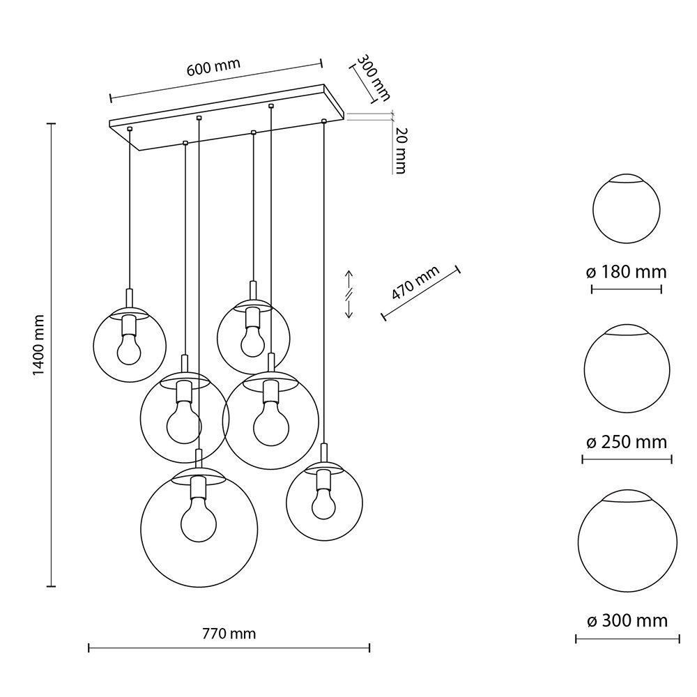 Schemat lampy wiszącej z sześcioma żarówkami w kulistych kloszach o różnych średnicach: 180 mm, 250 mm i 300 mm. Wymiary całkowite to 1400 mm wysokości, 770 mm szerokości i 600 mm długości.