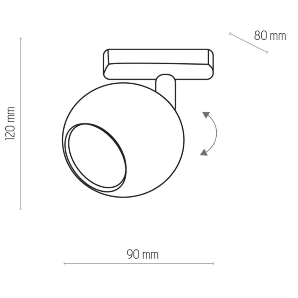 Schematyczny rysunek reflektora szynowego z wymiarami: 120 mm wysokości, 90 mm szerokości i 80 mm głębokości. Reflektor ma kulisty kształt z możliwością regulacji kąta nachylenia.