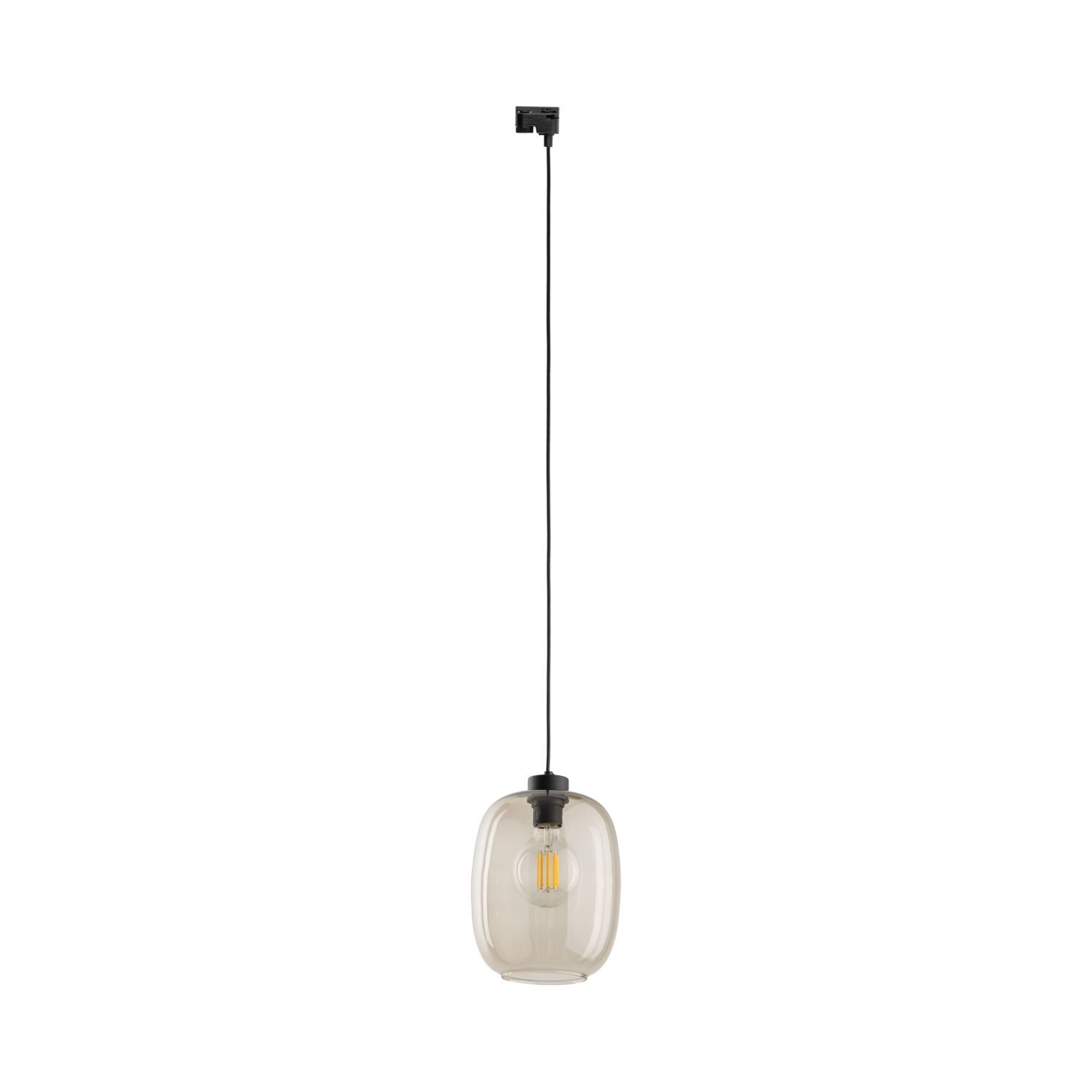 Na obrazie widoczna jest czarna lampa wisząca z przezroczystym kloszem, zawieszona na długim przewodzie. Wewnątrz klosza znajduje się żarówka.