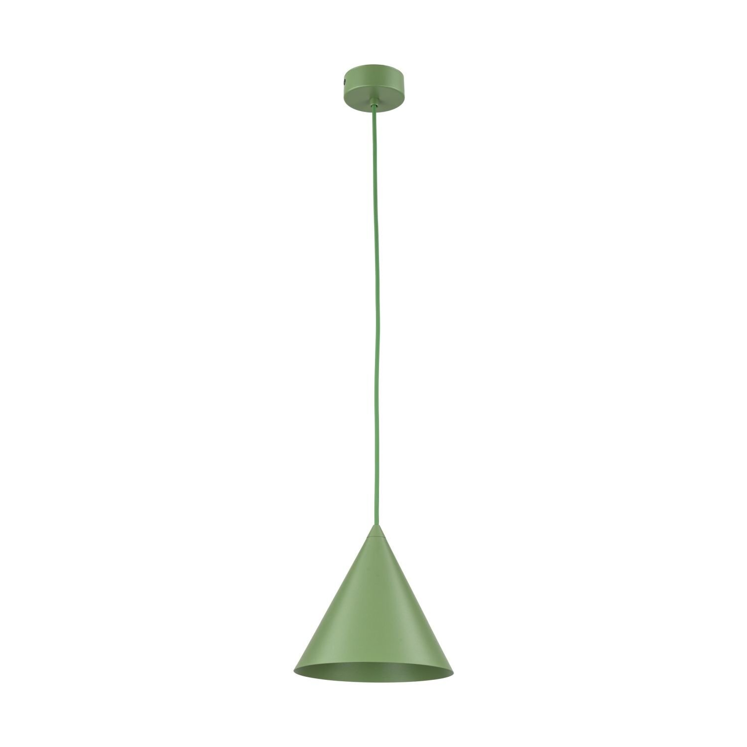 Zielona lampa wisząca o stożkowym kształcie z długim przewodem i okrągłą podsufitką. Lampa ma nowoczesny design i jest wykonana z metalu.