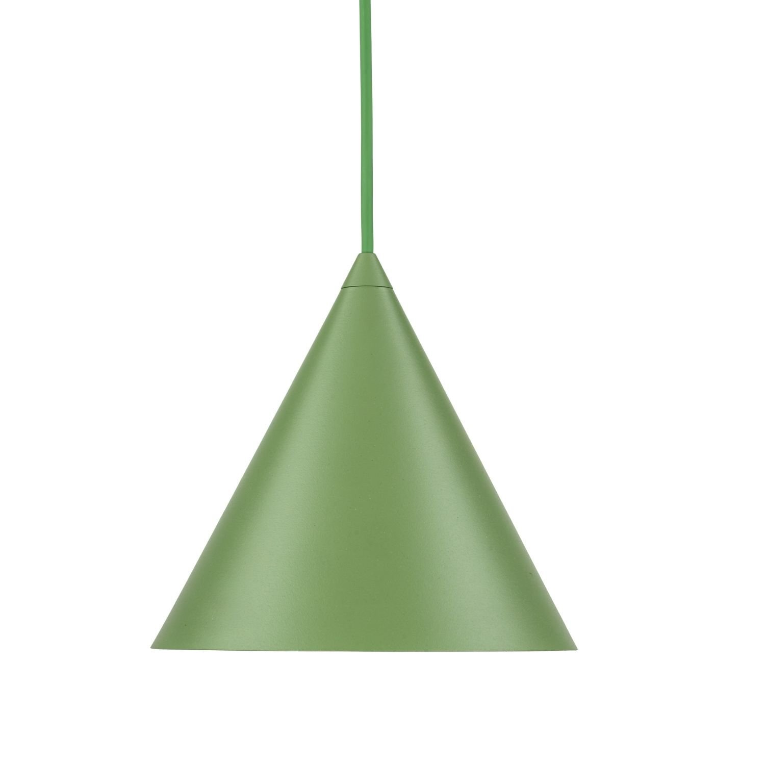 Zielona lampa wisząca o stożkowym kształcie z przewodem w tym samym kolorze. Lampa ma nowoczesny design i gładką powierzchnię.