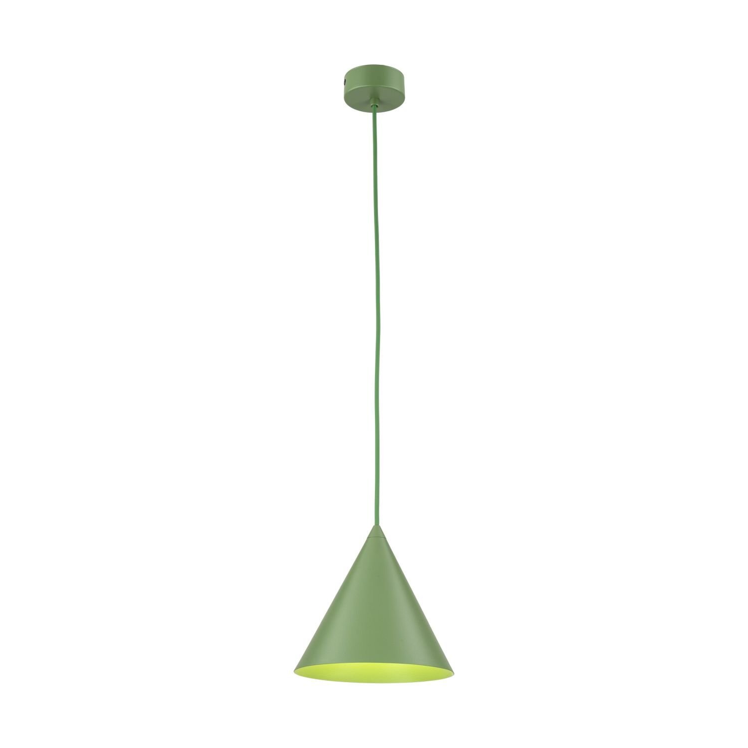Zielona lampa wisząca o stożkowym kształcie z regulowanym przewodem. Lampa ma gładką powierzchnię i jest zawieszona na cienkim kablu.