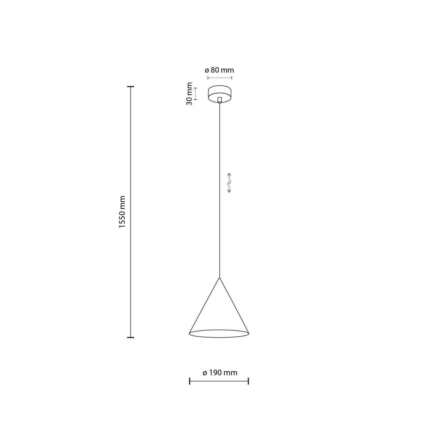 Schematyczny rysunek lampy wiszącej w kształcie stożka z wymiarami: wysokość regulowana do 1550 mm, średnica klosza 190 mm, średnica podsufitki 80 mm, wysokość podsufitki 30 mm.