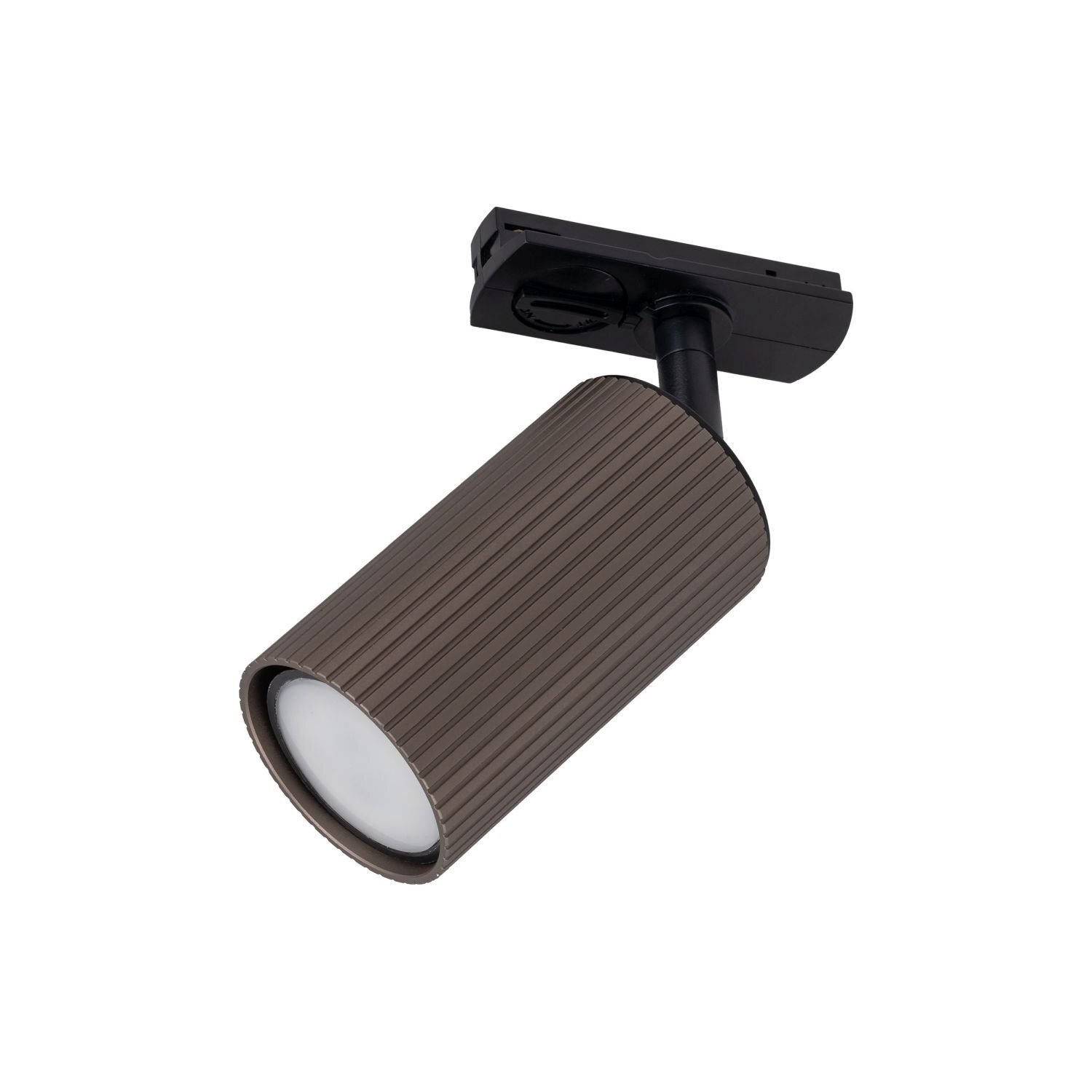 Reflektor szynowy w kolorze brązowo-czarnym z ryflowanym wykończeniem. Posiada cylindryczny kształt i jest przeznaczony do montażu na szynie jednofazowej.