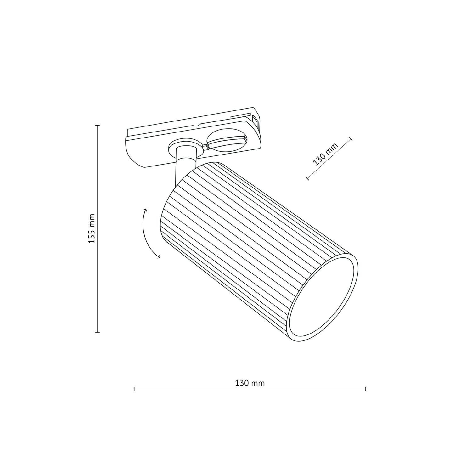 Schematyczny rysunek reflektora szynowego z wymiarami: wysokość 155 mm i długość 130 mm. Reflektor ma cylindryczny kształt z ryflowaną powierzchnią.