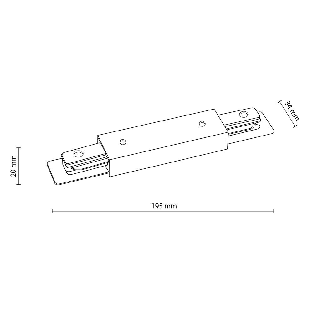 Schematyczny rysunek łącznika prostego do szynoprzewodu z wymiarami: 195 mm długości, 34 mm szerokości i 20 mm wysokości. Produkt wykonany jest z metalu i ma kolor czarny.