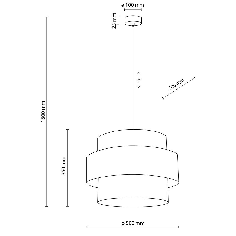 Schematyczny rysunek lampy wiszącej z wymiarami: wysokość całkowita 1600 mm, średnica klosza 500 mm, wysokość klosza 350 mm. Widoczne są również wymiary elementu mocującego: średnica 100 mm, wysokość 25 mm.