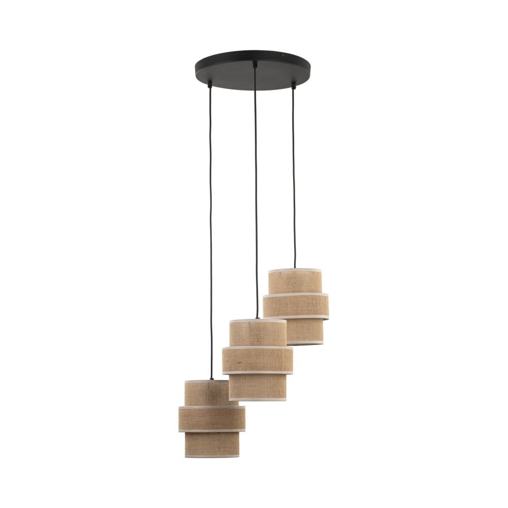 Lampa wisząca z trzema cylindrycznymi kloszami w kolorze jutowym, zawieszona na czarnych przewodach z okrągłej, czarnej podstawy. Klosze są ułożone na różnych wysokościach, tworząc nowoczesny design.