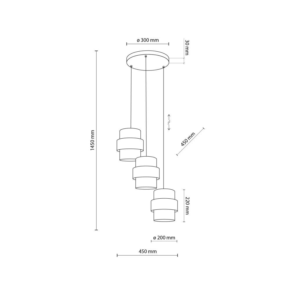 Schemat techniczny lampy wiszącej z trzema kloszami, z wymiarami: wysokość całkowita 1450 mm, średnica podsufitki 300 mm, długość regulacji 450 mm, średnica klosza 200 mm, wysokość klosza 220 mm.