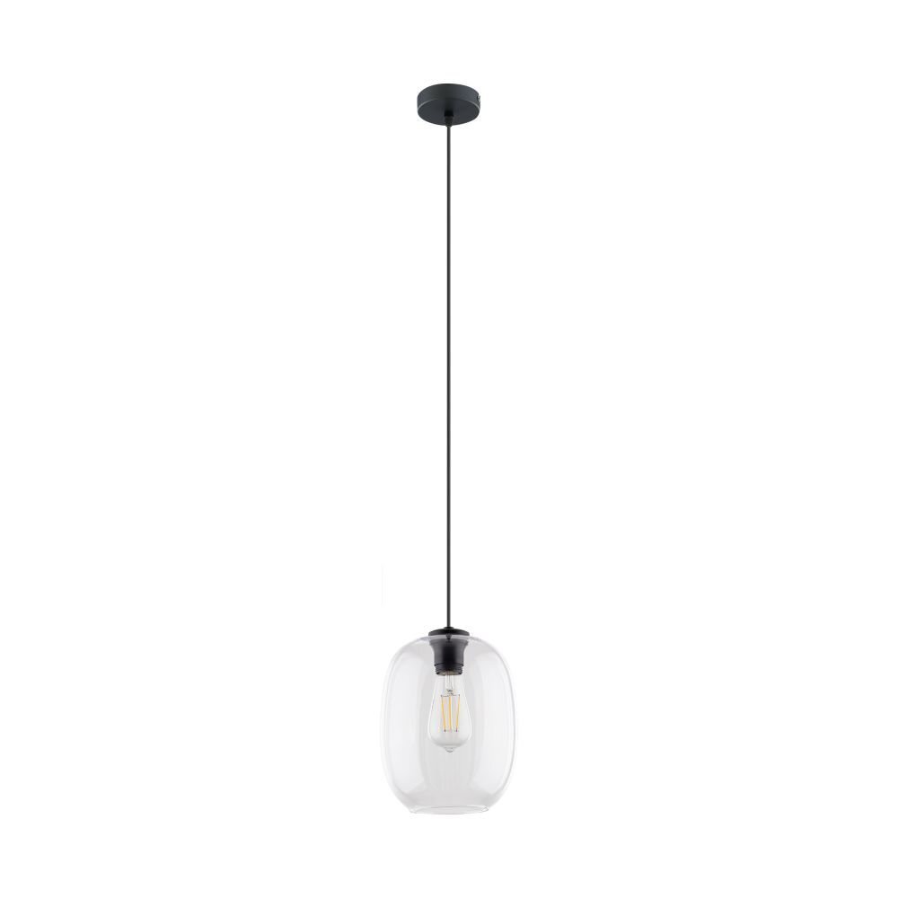 Lampa wisząca z przezroczystym szklanym kloszem i czarnym przewodem. Wewnątrz klosza widoczna jest żarówka typu E27.