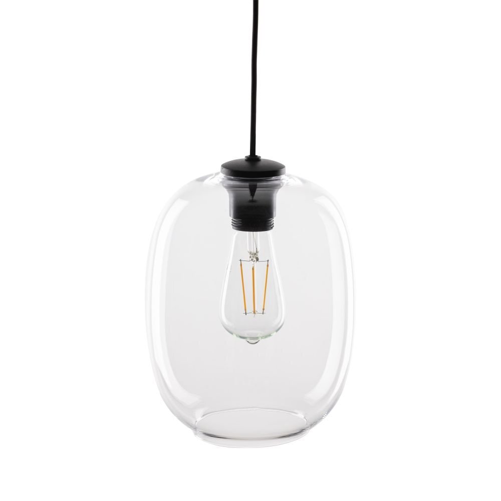 Lampa wisząca z przezroczystym, szklanym kloszem i czarnym elementem mocującym. Wewnątrz klosza znajduje się żarówka z widocznymi żarnikami.