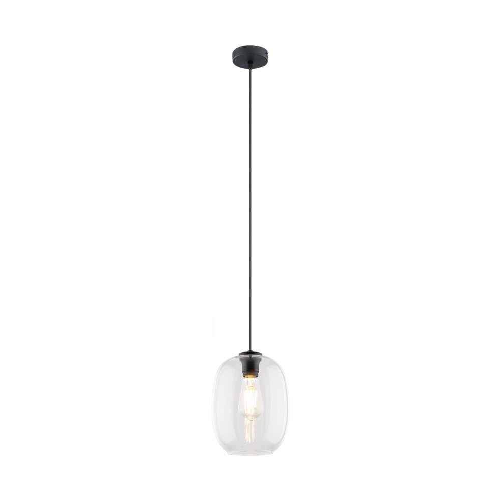 Lampa wisząca z czarnym przewodem i przezroczystym szklanym kloszem, w którym widoczna jest żarówka. Klosz ma prosty, nowoczesny design.