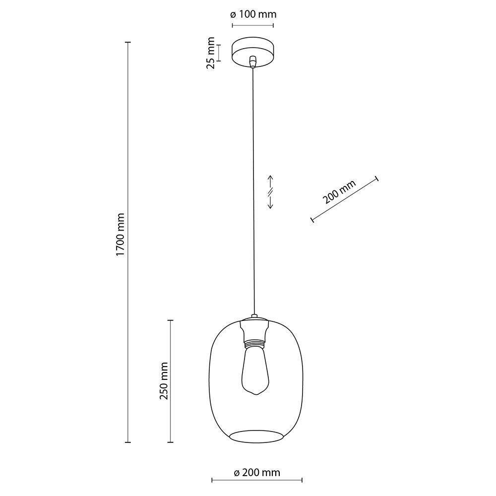 Schematyczny rysunek lampy wiszącej z przezroczystym kloszem o średnicy 200 mm i wysokości 250 mm. Lampa ma regulowaną wysokość do 1700 mm, a mocowanie sufitowe ma średnicę 100 mm i wysokość 25 mm.
