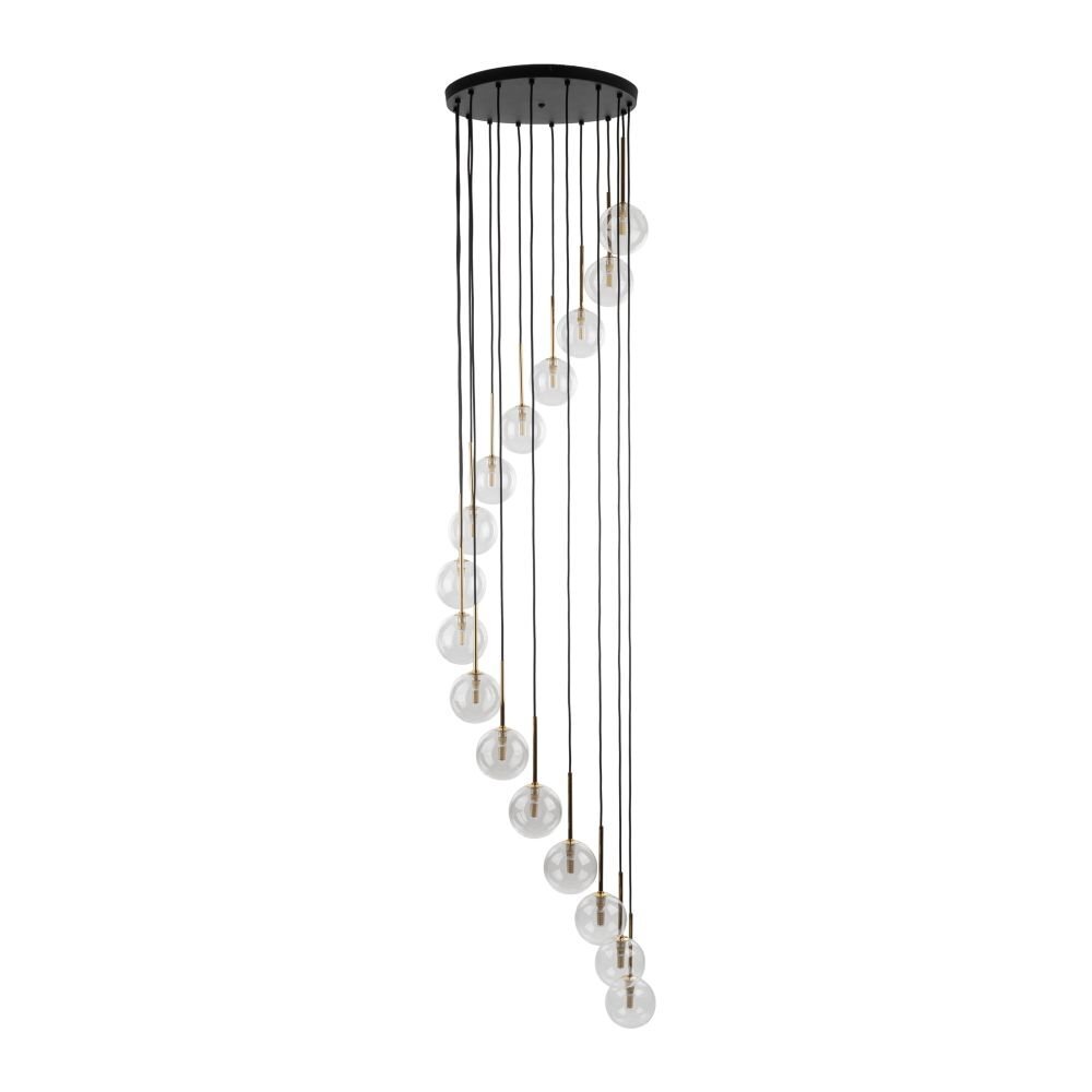 Lampa wisząca z czarną podstawą i wieloma przezroczystymi szklanymi kloszami zawieszonymi na cienkich przewodach. Klosze ułożone są w spiralny wzór, a całość ma elegancki, nowoczesny wygląd.