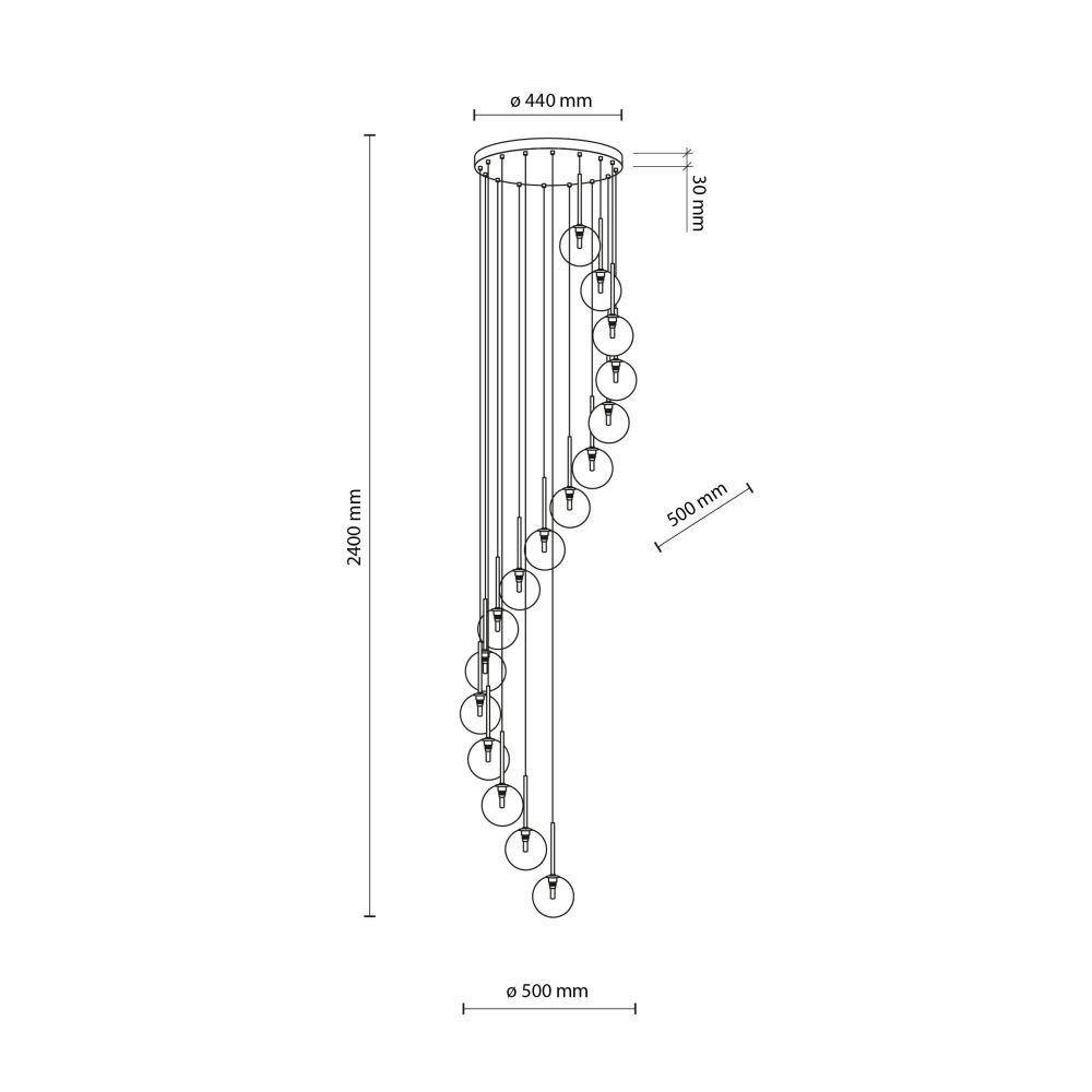 Schemat lampy wiszącej z 24 szklanymi kloszami rozmieszczonymi spiralnie. Wymiary: wysokość 2400 mm, średnica 500 mm, średnica podstawy 440 mm, wysokość podstawy 30 mm.