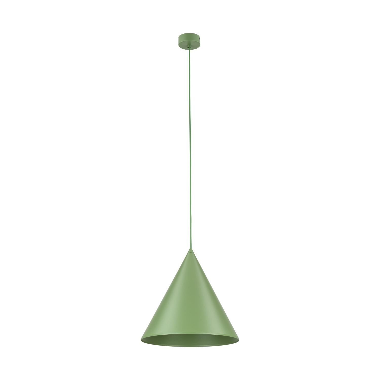 Zielona, stożkowa lampa wisząca z metalowym kloszem i regulowanym przewodem. Lampa ma nowoczesny design i jest przeznaczona do żarówek E27.