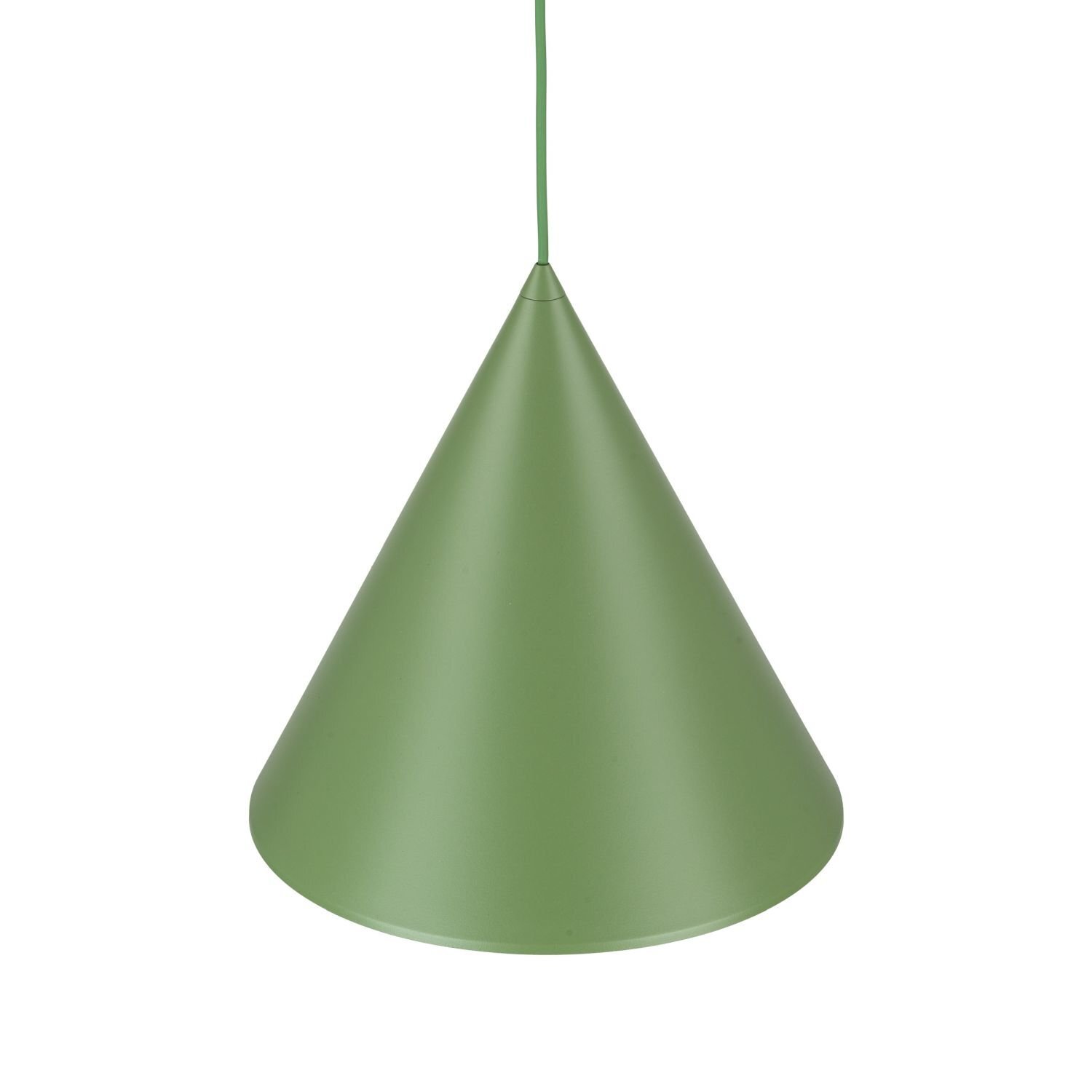 Zielona, stożkowa lampa wisząca wykonana z metalu. Posiada regulowaną wysokość i nowoczesny design.