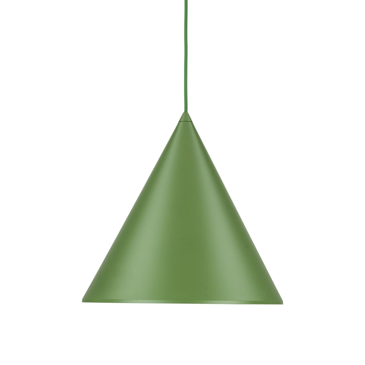 Zielona lampa wisząca o stożkowym kształcie, wykonana z metalu. Posiada regulowaną wysokość i jest przeznaczona do żarówek E27.