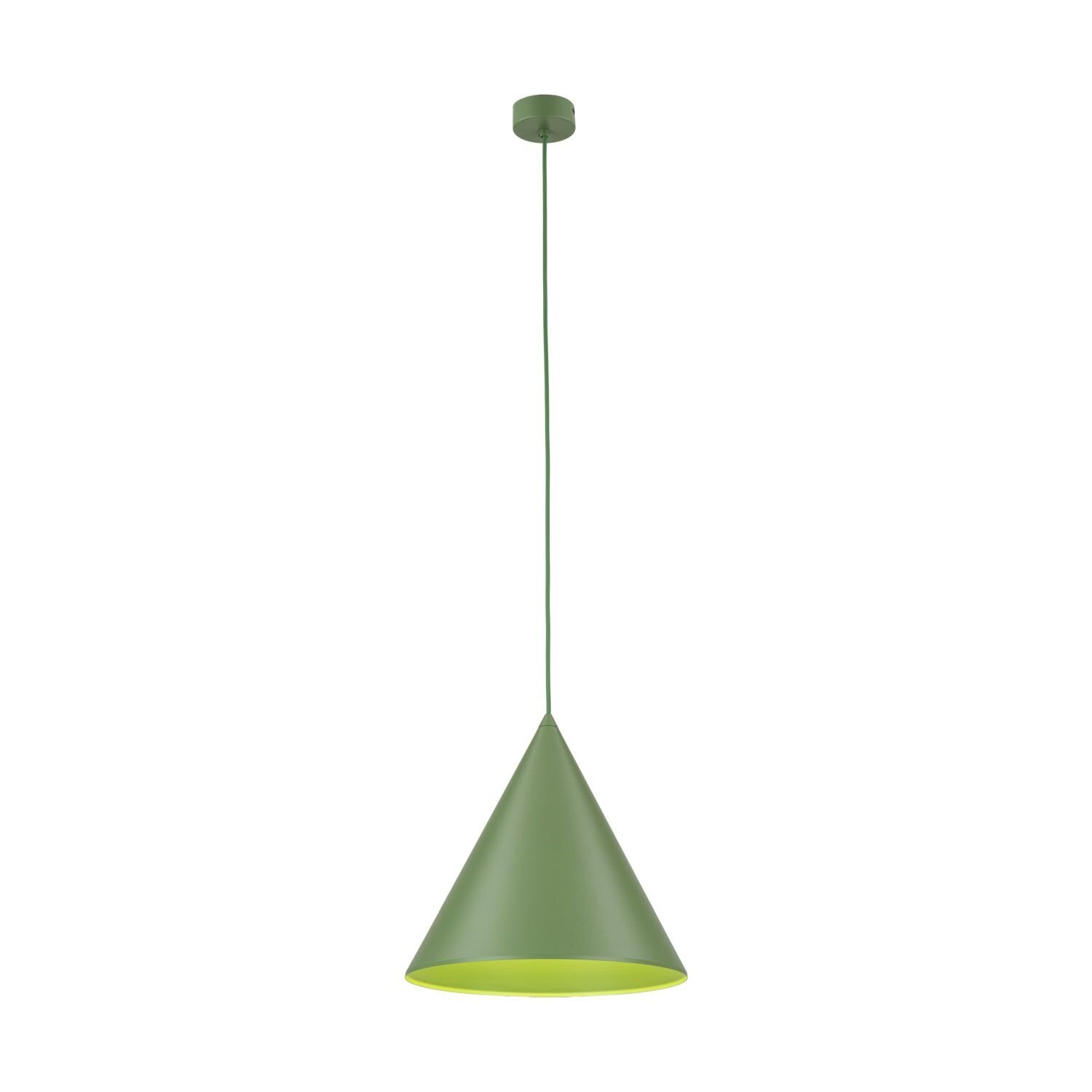 Zielona lampa wisząca w kształcie stożka z metalowym kloszem i regulowanym przewodem. Lampa ma nowoczesny design i jest przeznaczona do montażu sufitowego.