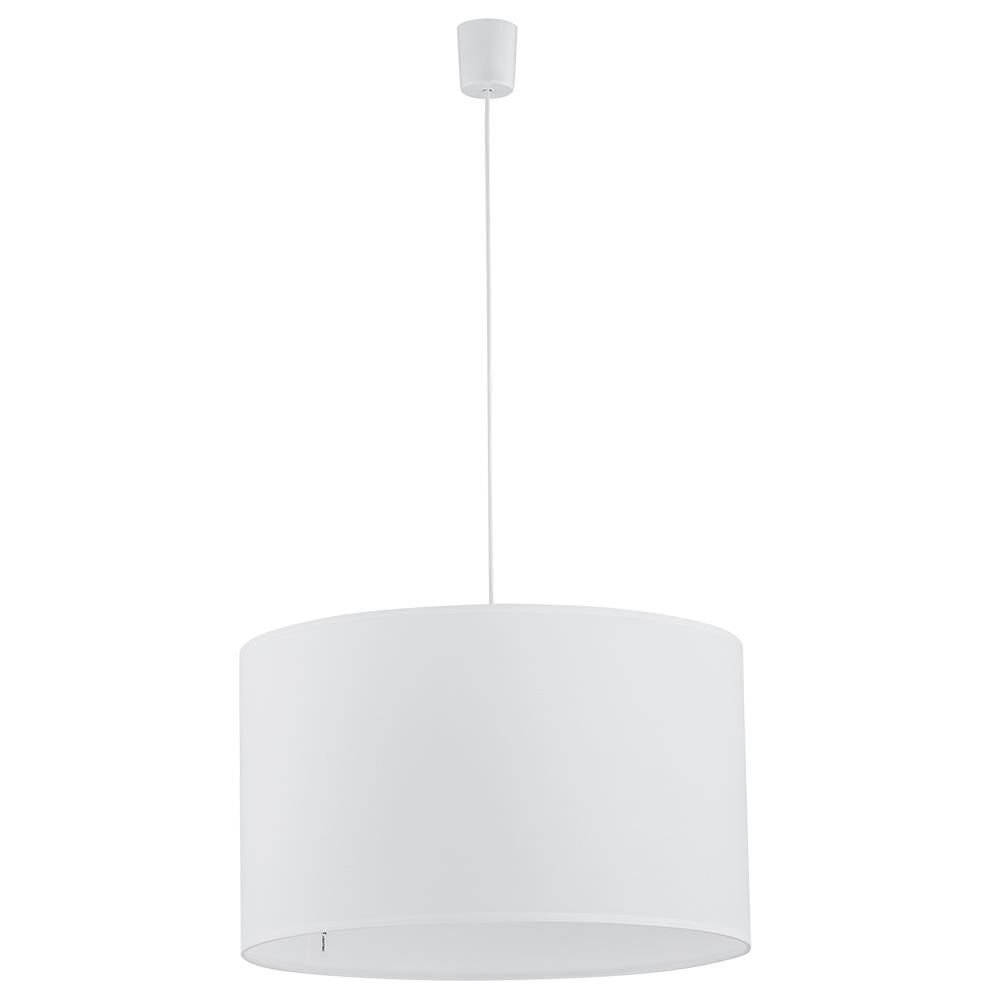 Biała lampa wisząca o cylindrycznym kształcie z regulowanym przewodem. Lampa ma prosty, elegancki design.