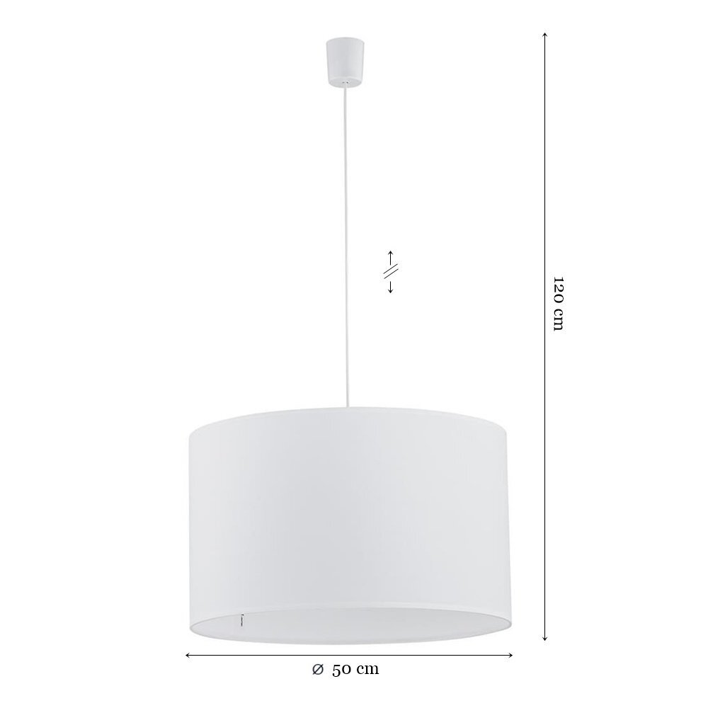 Biała lampa wisząca z cylindrycznym kloszem, regulowana wysokość do 120 cm, średnica klosza 50 cm.