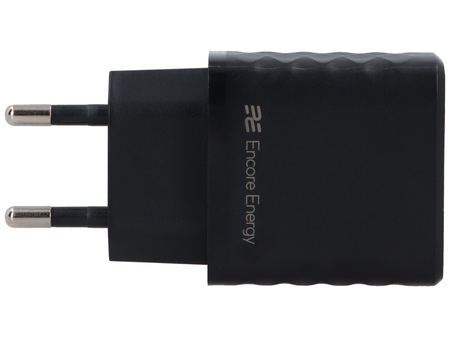 Czarna ładowarka sieciowa z dwoma metalowymi bolcami i logo \'Encore Energy\' na obudowie.