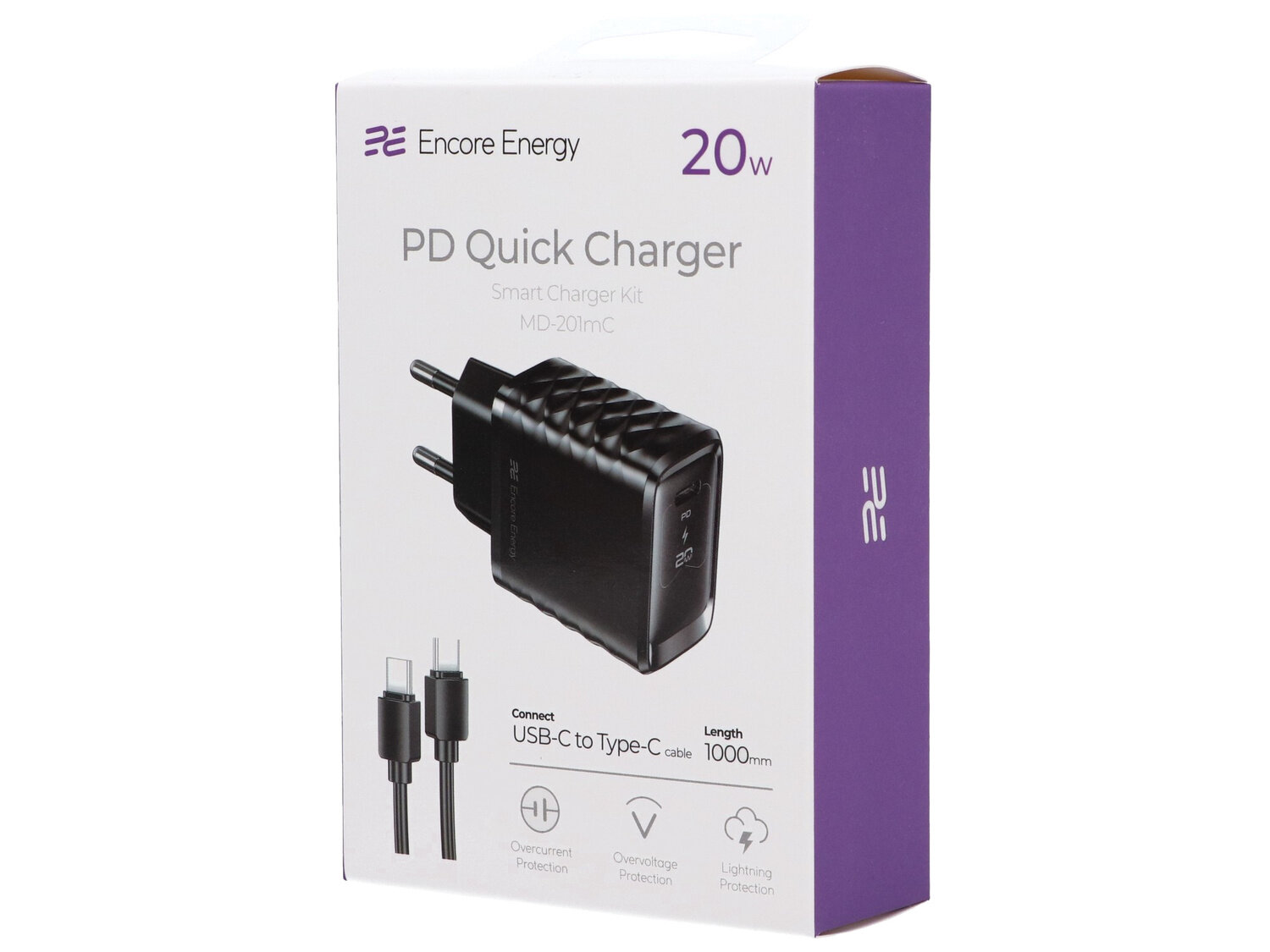 Opakowanie ładowarki sieciowej z kablem USB-C o długości 1000 mm, marki Encore Energy, model MD-201mC, o mocy 20W. Na opakowaniu widoczne są informacje o ochronie przed przepięciem, przeładowaniem i piorunami oraz logo producenta.