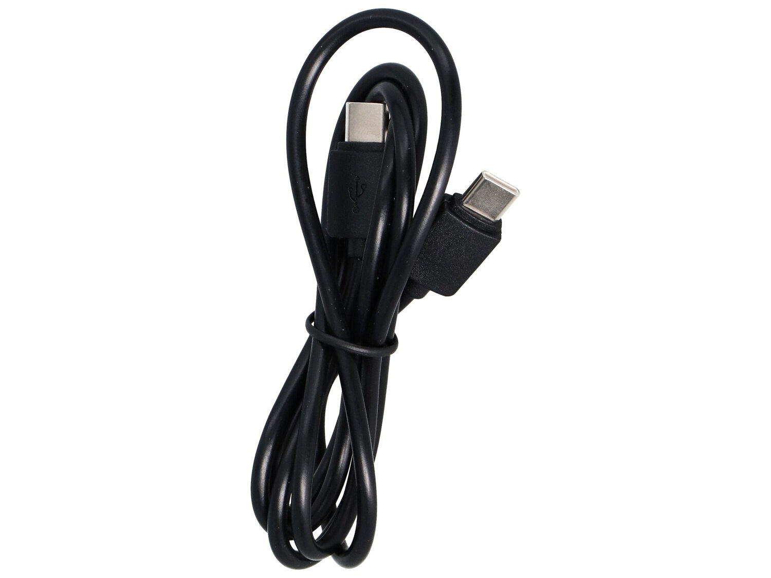 Czarny kabel USB-C o długości 100 cm, zwinięty i widoczny z dwoma końcówkami USB-C. Kabel jest związany w środku, a końcówki są skierowane w przeciwnych kierunkach.