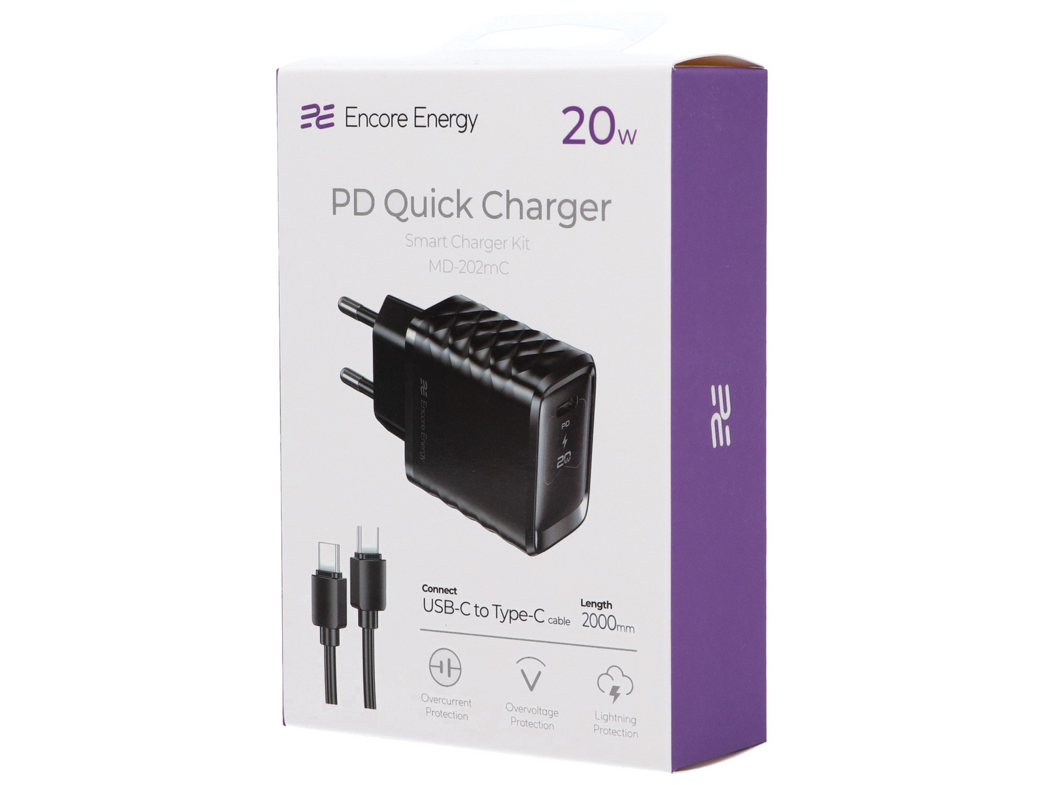 Opakowanie ładowarki sieciowej z kablem USB-C o długości 2000 mm marki Encore Energy. Na opakowaniu widnieje napis: \'PD Quick Charger Smart Charger Kit MD-202mC 20W\'.