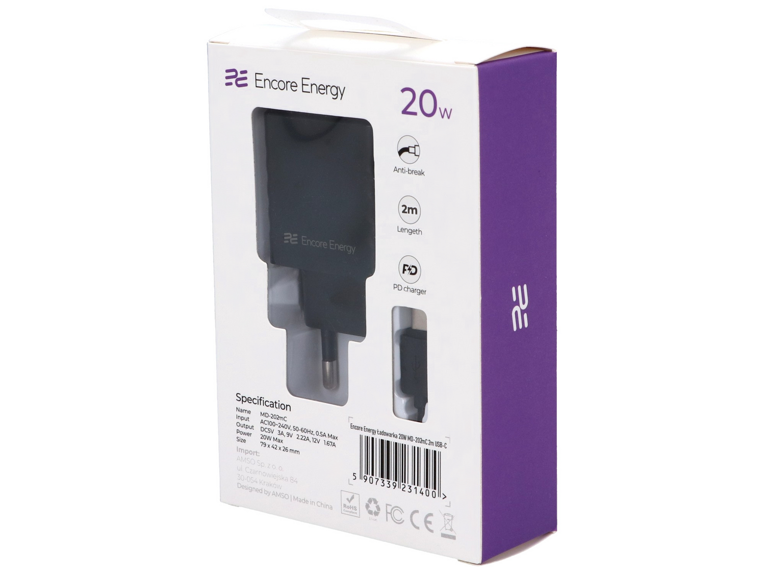 Opakowanie ładowarki sieciowej Encore Energy 20W z kablem USB-C o długości 200 cm. Na opakowaniu widoczne są informacje: \'Anti-break\', \'2m Length\', \'PD charger\' oraz specyfikacja techniczna produktu.