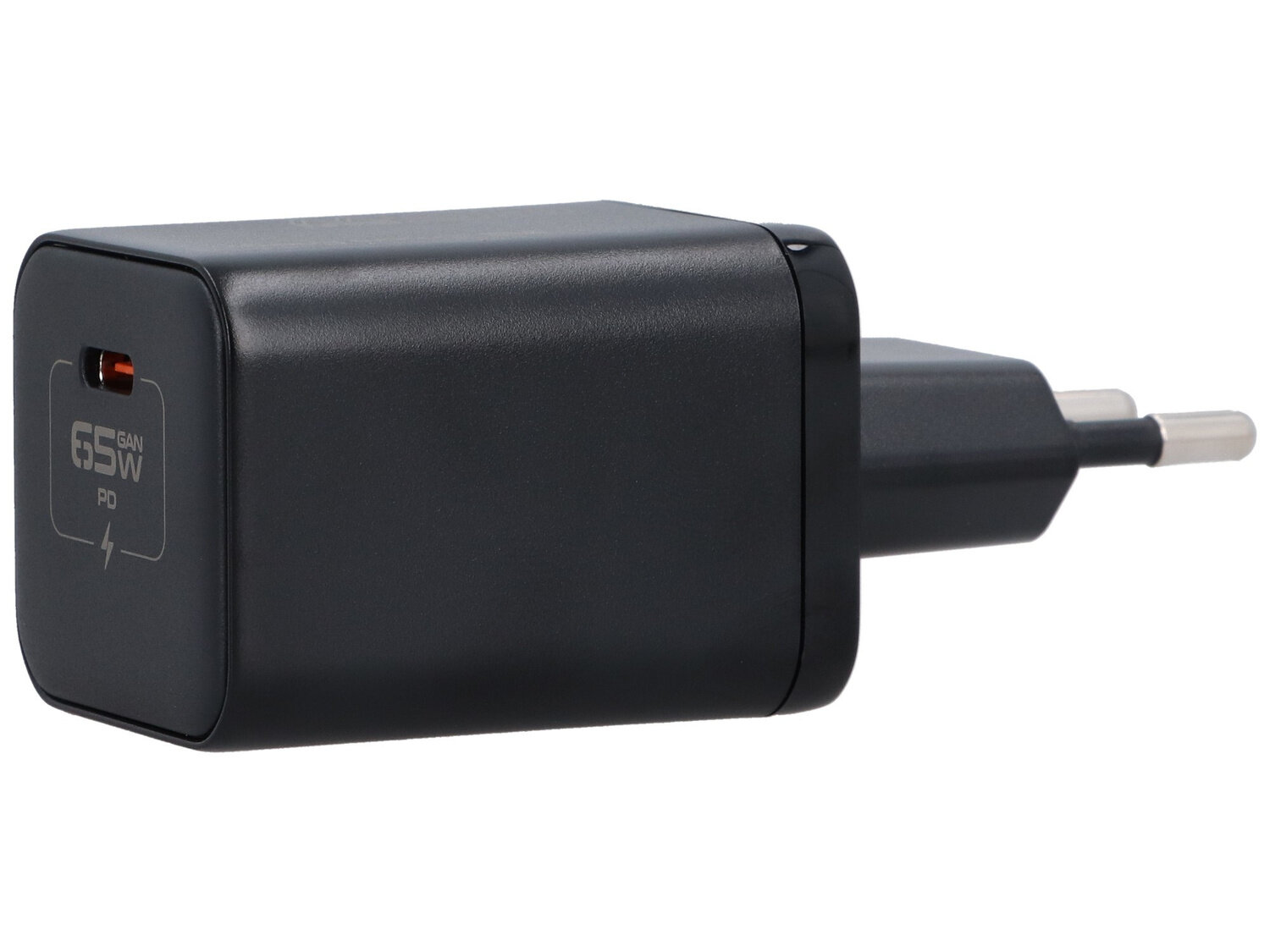 Czarna ładowarka sieciowa z wtyczką, na której widnieje napis \'65W GAN PD\'.