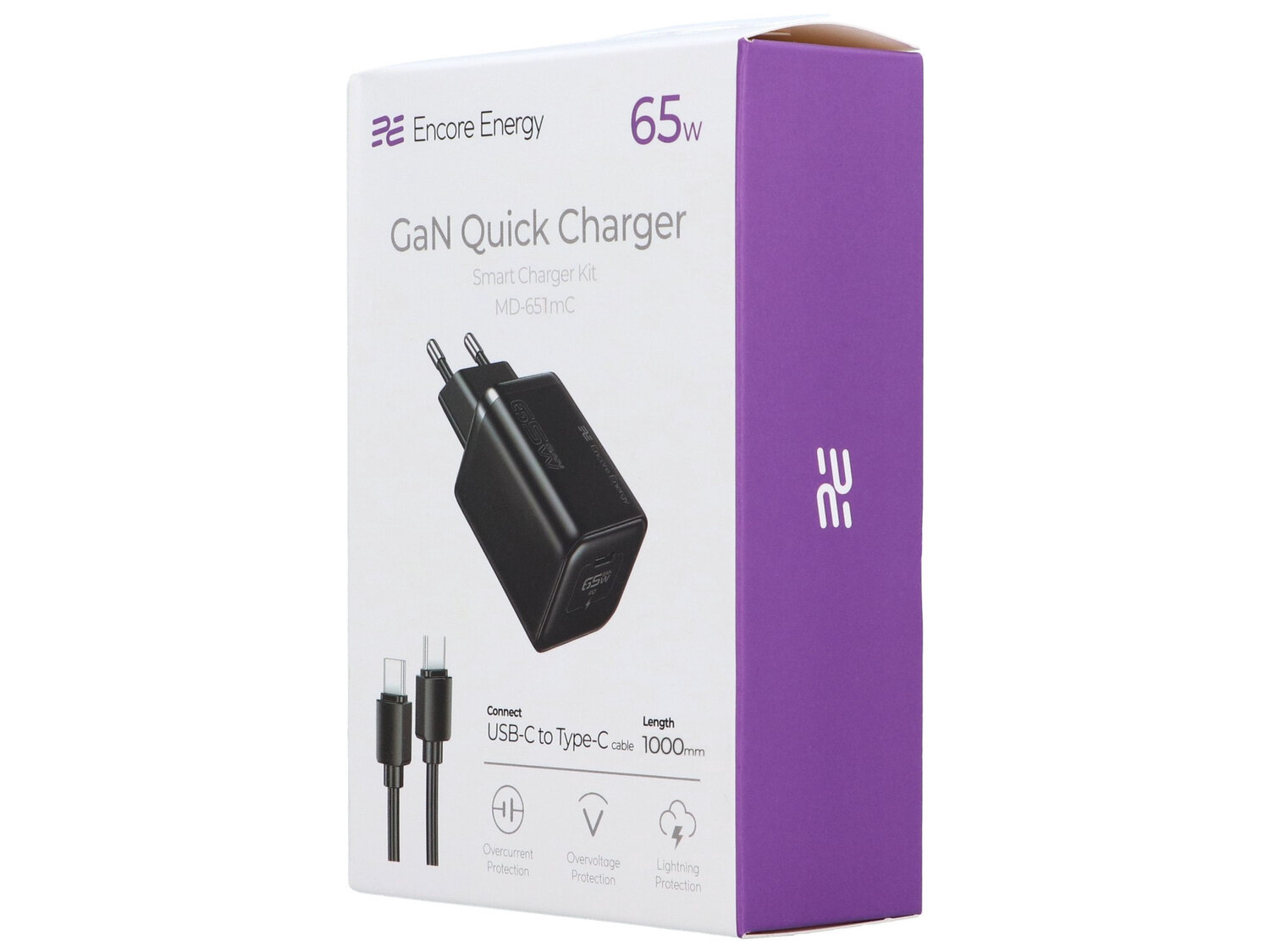 Opakowanie ładowarki sieciowej z logo Encore Energy i napisem \'GaN Quick Charger\'. Widoczny jest obraz ładowarki oraz informacje: \'65W\', \'Connect USB-C to Type-C cable\', \'Length 1000mm\'.