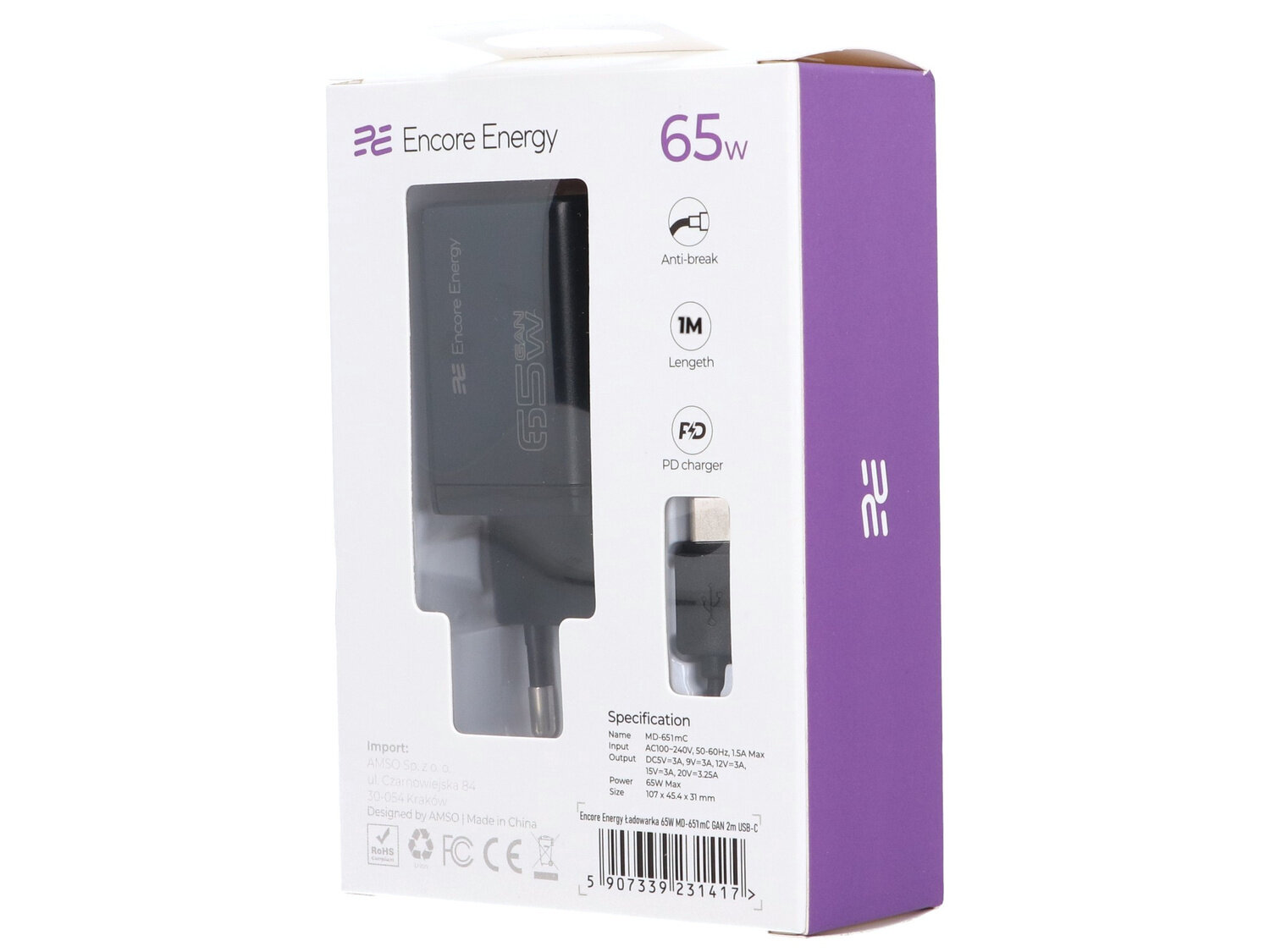 Opakowanie ładowarki sieciowej Encore Energy o mocy 65W z kablem USB-C o długości 1 metra. Na opakowaniu widoczne są ikony: \'Anti-break\', \'Length 1M\', \'PD charger\' oraz specyfikacja techniczna produktu.