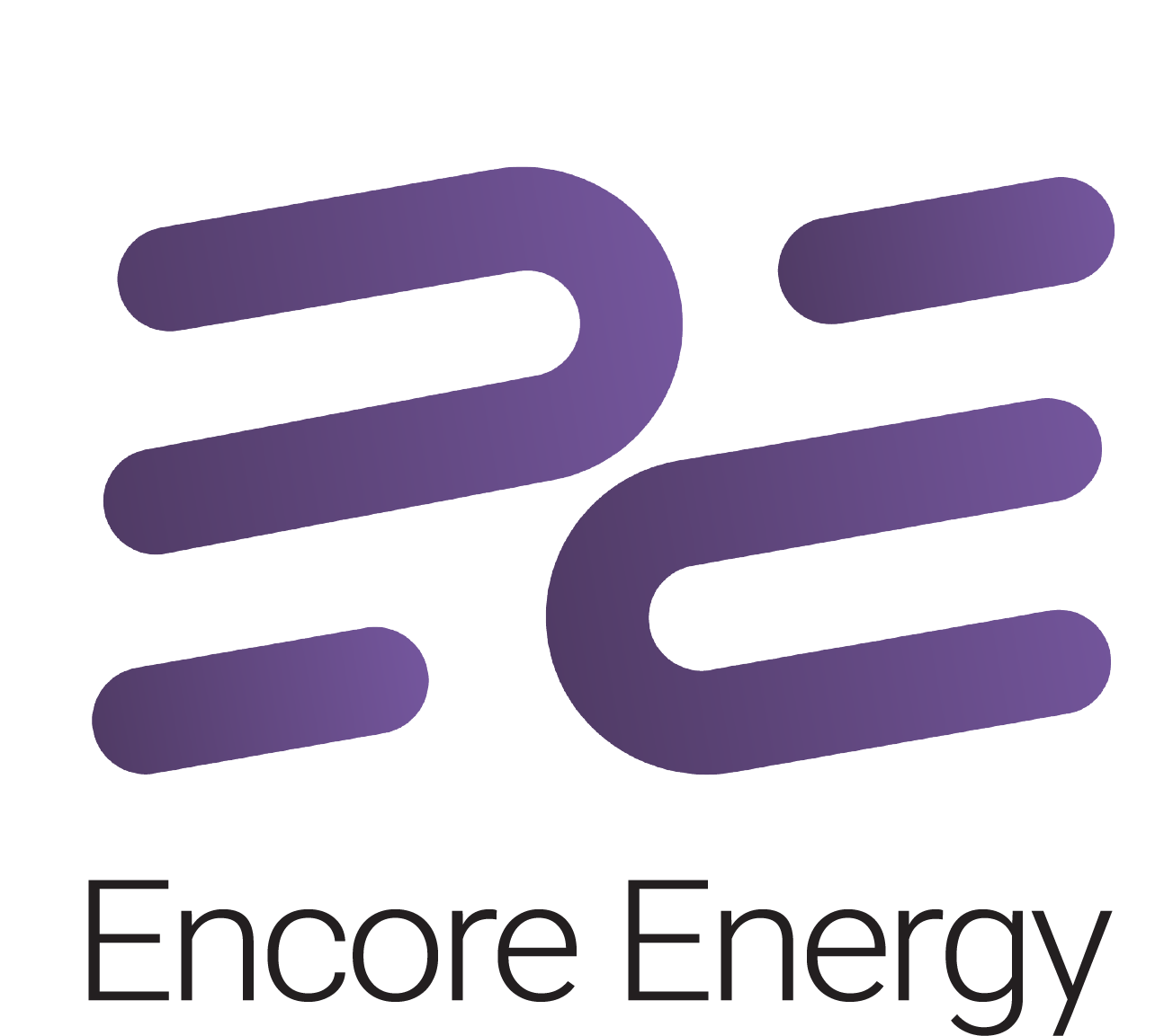 Logo składa się z dwóch stylizowanych liter \'E\' w kolorze fioletowym, umieszczonych jedna nad drugą. Pod nimi znajduje się napis \'Encore Energy\'.
