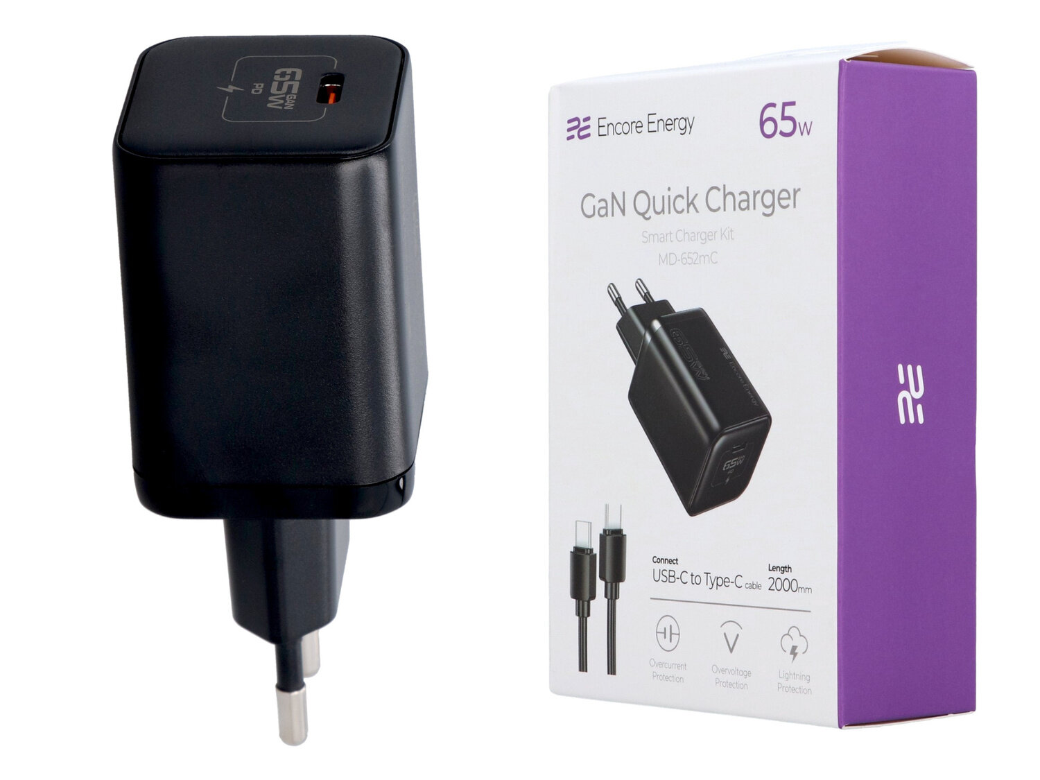 Na obrazie widoczna jest czarna ładowarka sieciowa z napisem \'65W\' oraz pudełko z napisem \'Encore Energy GaN Quick Charger Smart Charger Kit MD-652mC 65W\'.