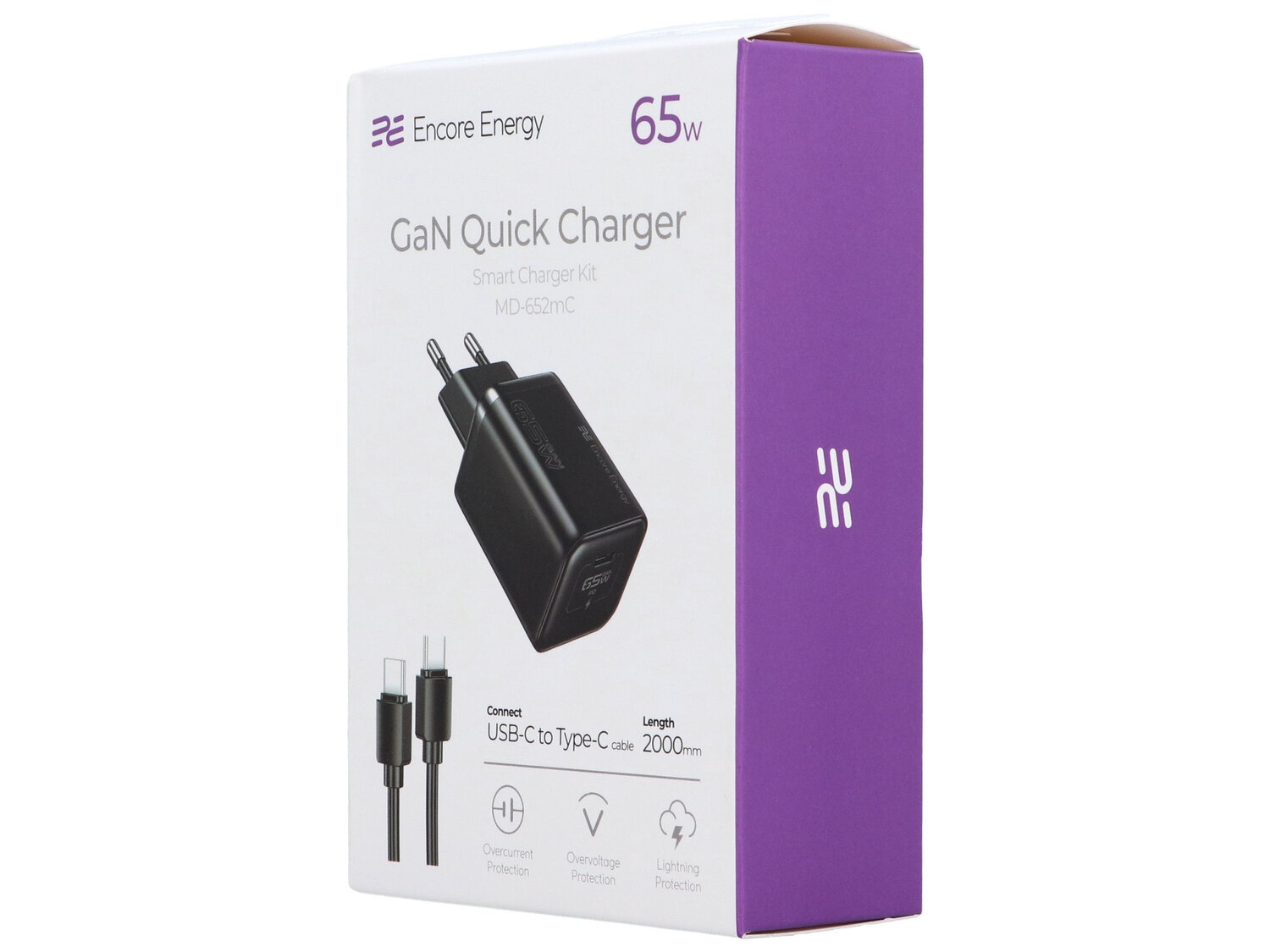 Opakowanie ładowarki sieciowej z kablem USB-C o długości 2000 mm, marki Encore Energy, model MD-652mC, o mocy 65W. Na opakowaniu widoczne są ikony ochrony przed przeładowaniem, przegrzaniem i piorunem oraz napis \'GaN Quick Charger\'.