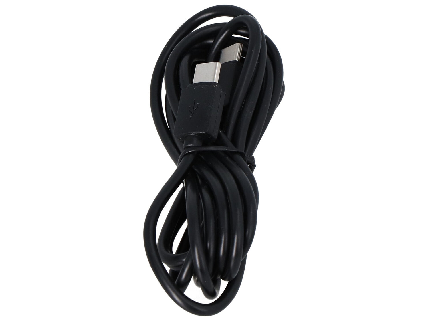 Czarny kabel USB-C o długości 200 cm, zwinięty w pętlę. Wtyczki USB-C są widoczne na obu końcach kabla.