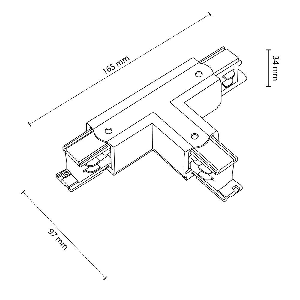 Schematyczny rysunek techniczny przedstawiający łącznik T do szynoprzewodu z wymiarami: 165 mm, 97 mm i 34 mm. Produkt ma kształt litery T i zawiera szczegóły konstrukcyjne.