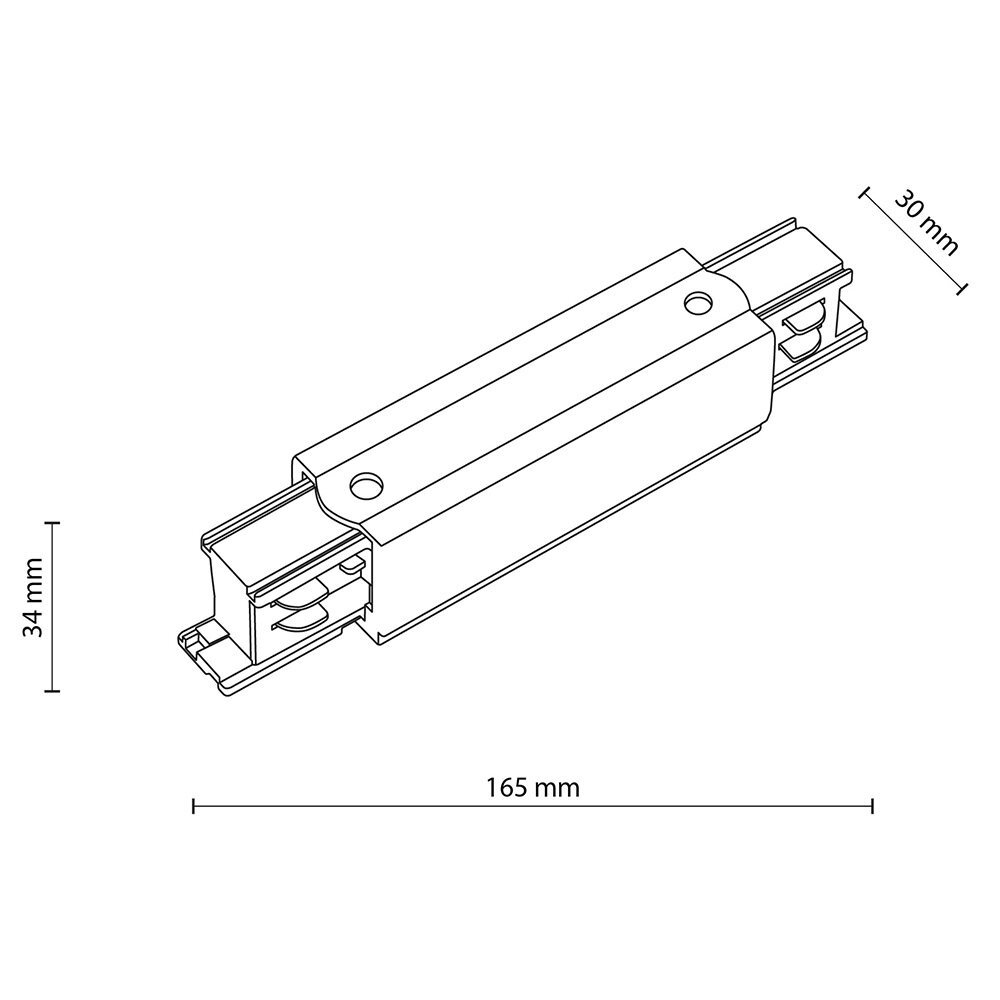 Rysunek techniczny przedstawiający łącznik prosty do szynoprzewodu z wymiarami: 165 mm długości, 34 mm wysokości i 30 mm szerokości. Produkt wykonany jest z metalu i ma biały kolor.