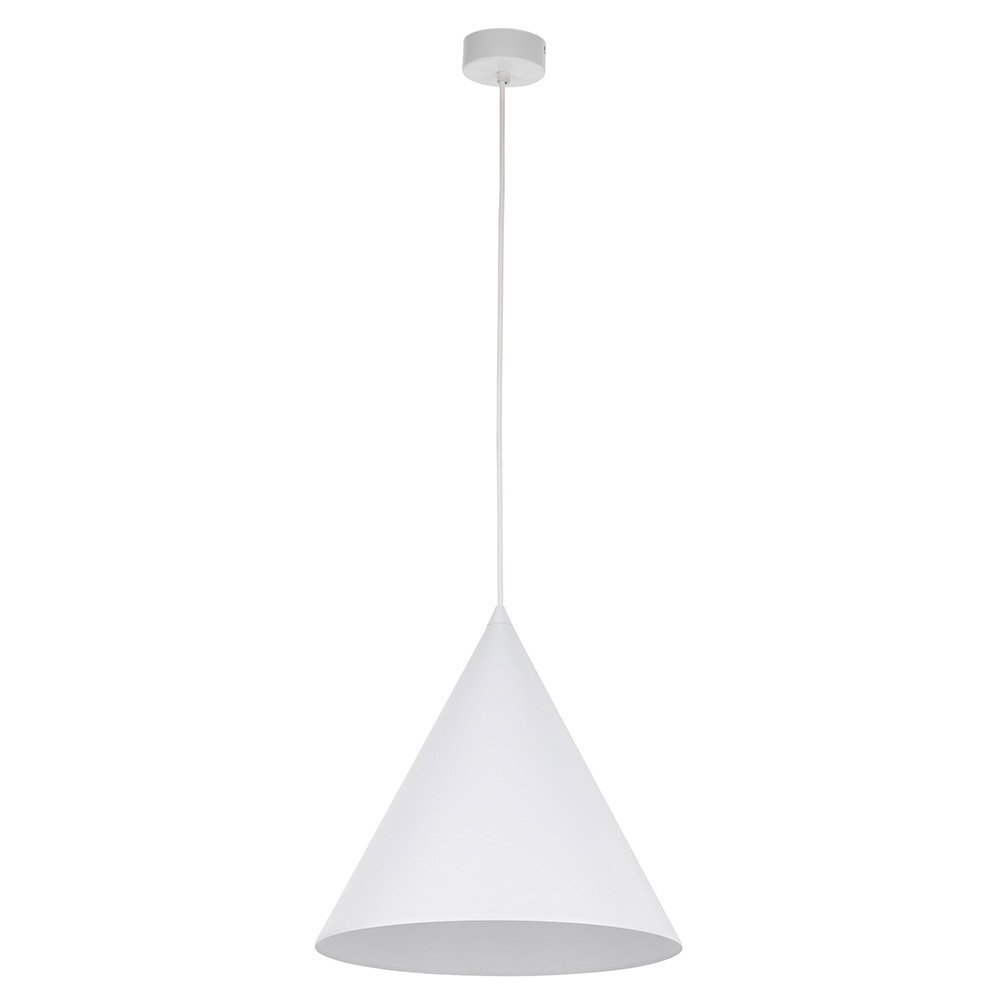 Biała lampa wisząca o stożkowym kloszu wykonanym z metalu, zawieszona na cienkim przewodzie. Lampa posiada możliwość regulacji wysokości.